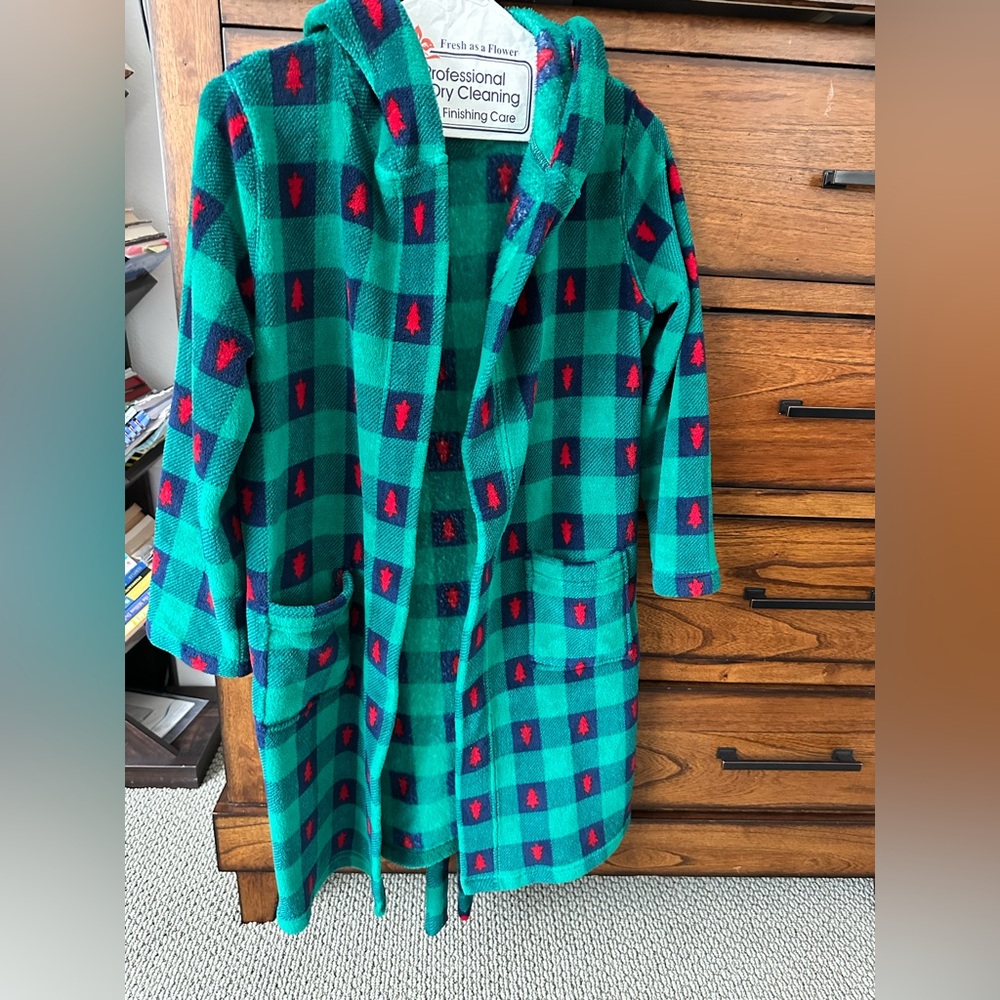 Lands' End Teal and Red Patterned Hooded Robe